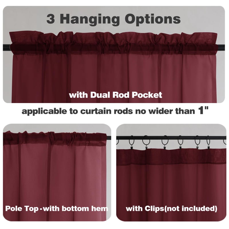 Chyhomenyc Sheer Tier Curtains 24 Inch Length, Small Cute Window Curtains Treatment for Bathroom Living Room Cafe Basement, Short Voile Curtain Tiers 42in x 24in, Rod Pocket, 2 PCS,Burgundy - Image 3